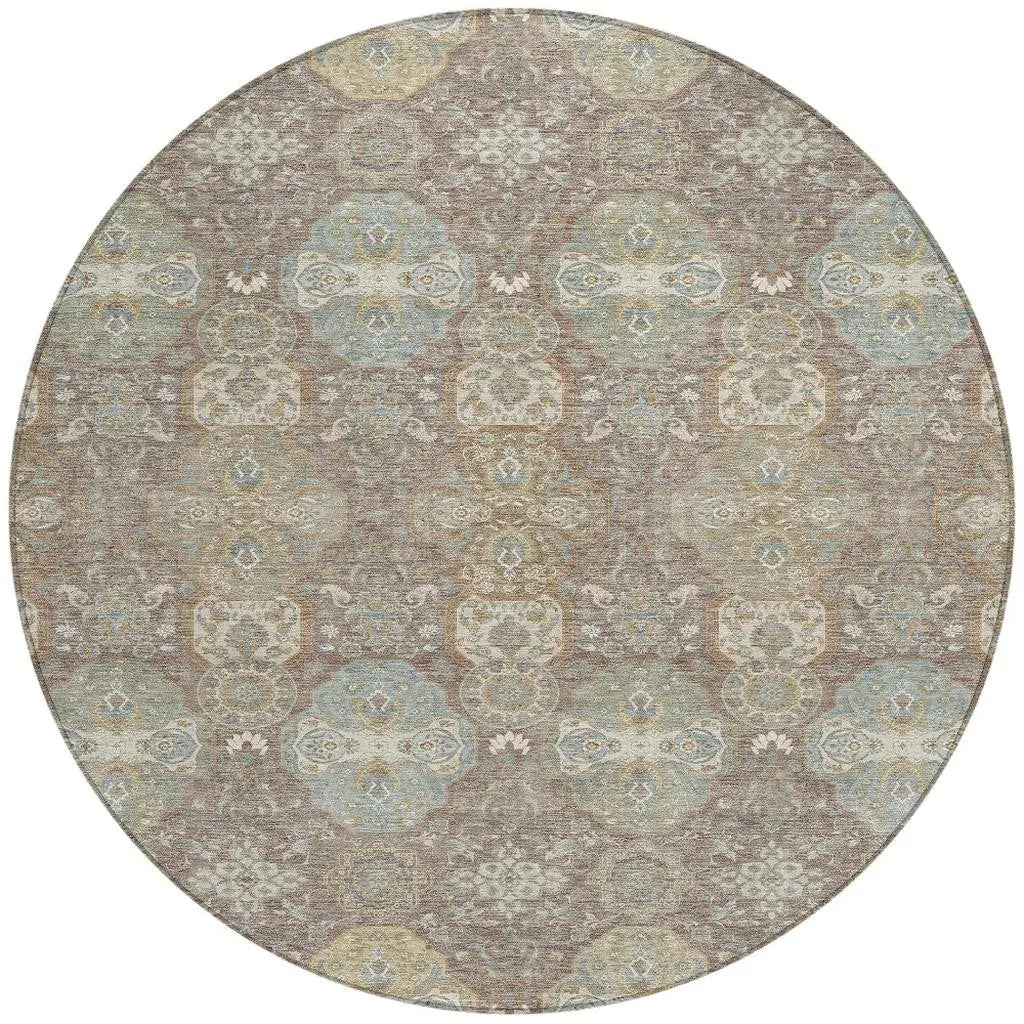 8' Brown And Sage Round Floral Washable Indoor Outdoor Area Rug Homeroots Outdoor