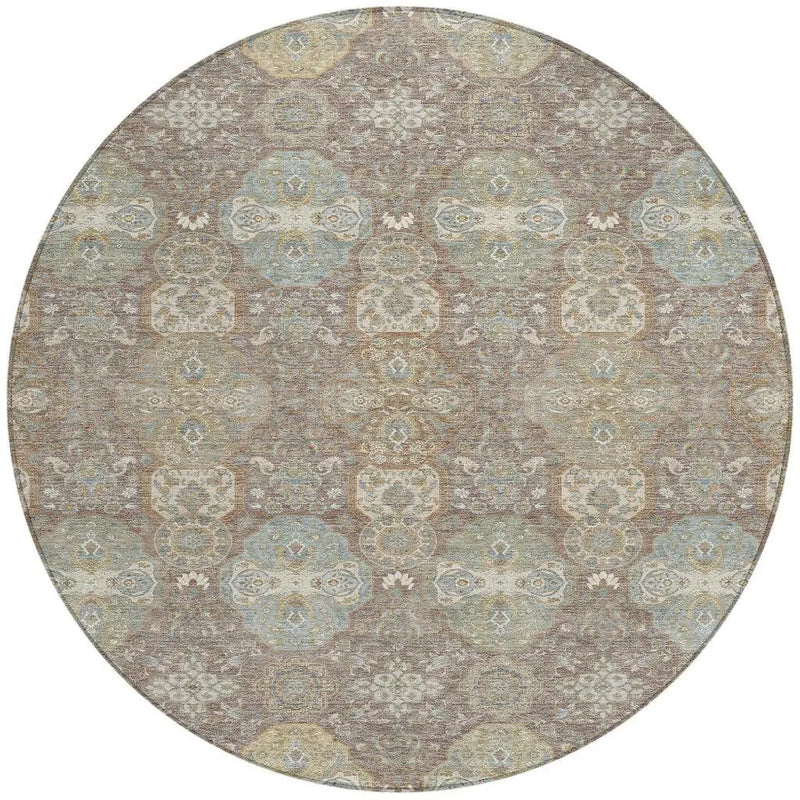 8' Brown And Sage Round Floral Washable Indoor Outdoor Area Rug Homeroots Outdoor