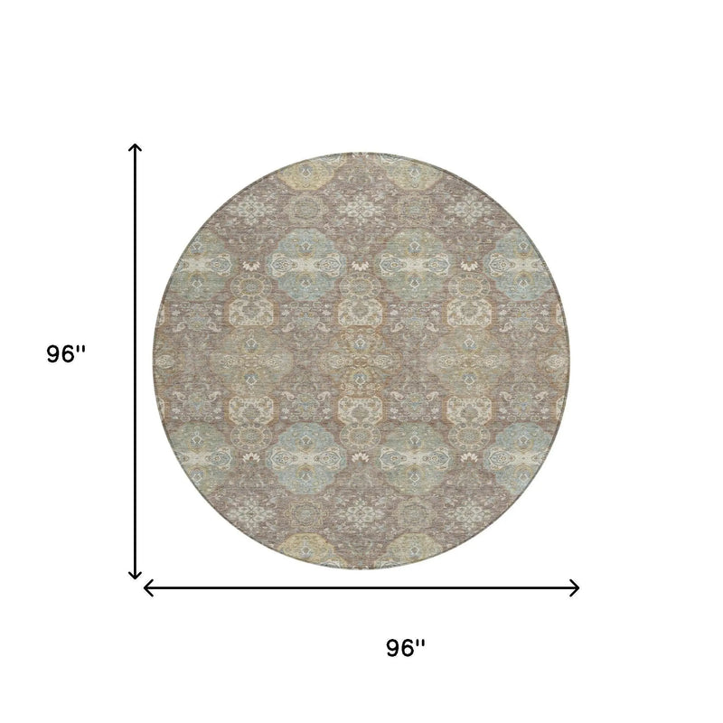 8' Brown And Sage Round Floral Washable Indoor Outdoor Area Rug Homeroots Outdoor