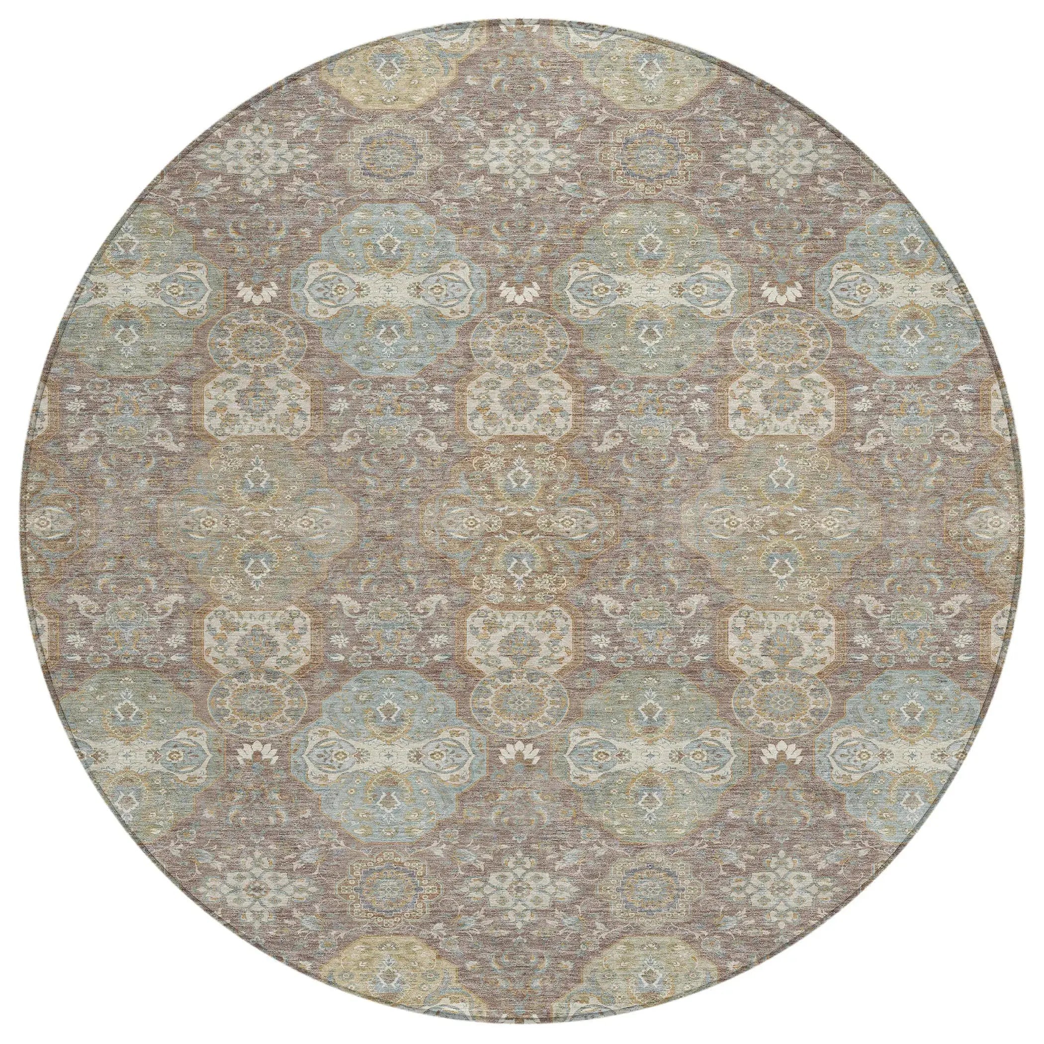 8' Brown And Sage Round Floral Washable Indoor Outdoor Area Rug Homeroots Outdoor