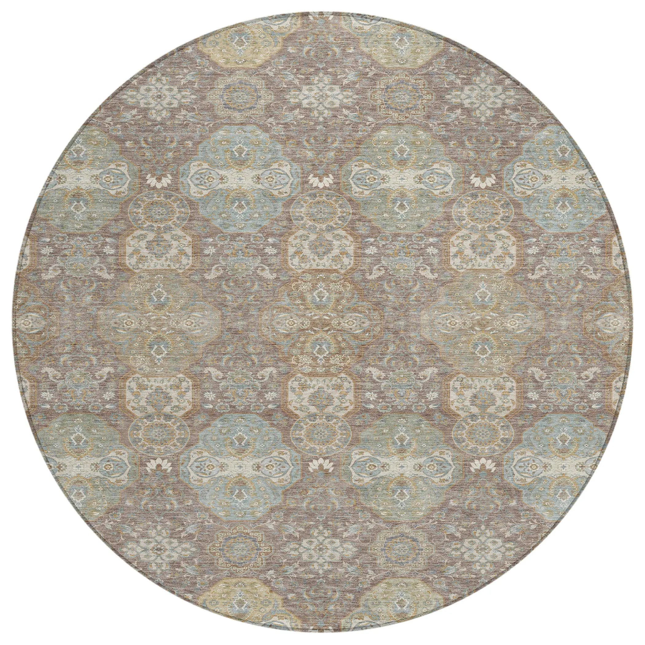 8' Brown And Sage Round Floral Washable Indoor Outdoor Area Rug Homeroots Outdoor