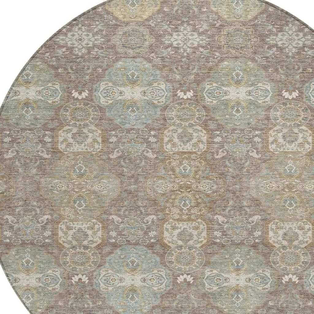 8' Brown And Sage Round Floral Washable Indoor Outdoor Area Rug Homeroots Outdoor