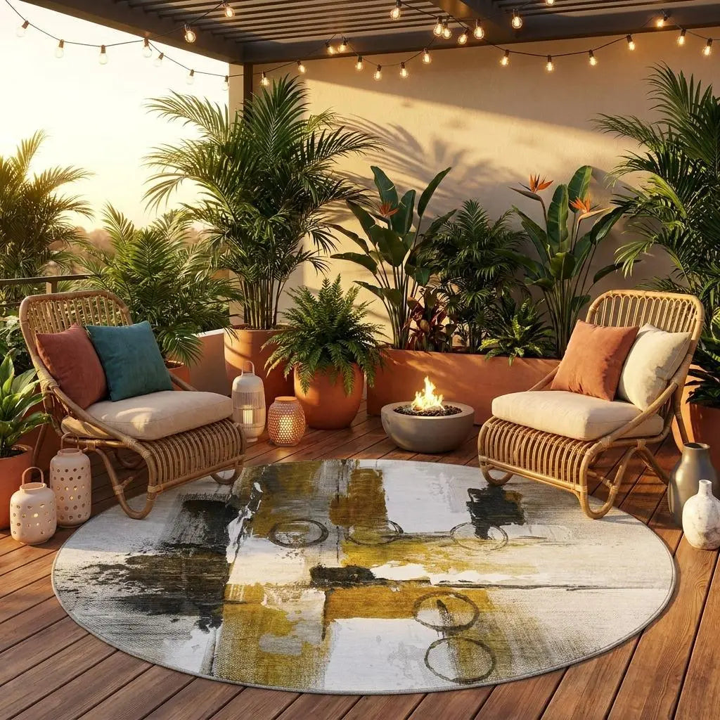8' Brown And Silver Round Abstract Washable Indoor Outdoor Area Rug Homeroots Outdoor