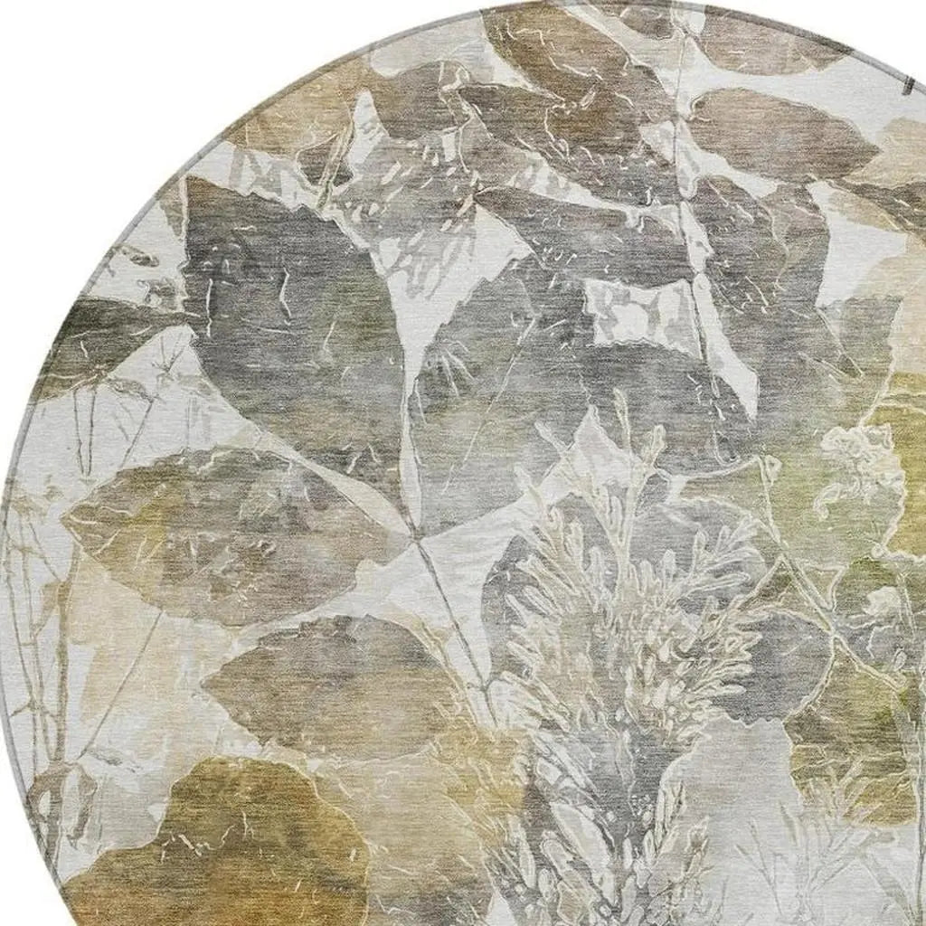 8' Brown And Silver Round Botanical Leaves Washable Indoor Outdoor Area Rug Homeroots Outdoor