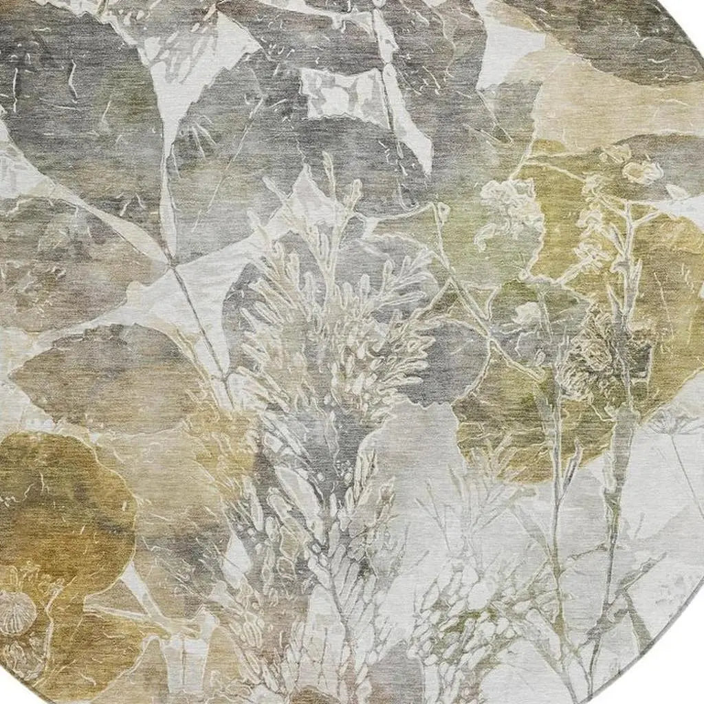 8' Brown And Silver Round Botanical Leaves Washable Indoor Outdoor Area Rug Homeroots Outdoor