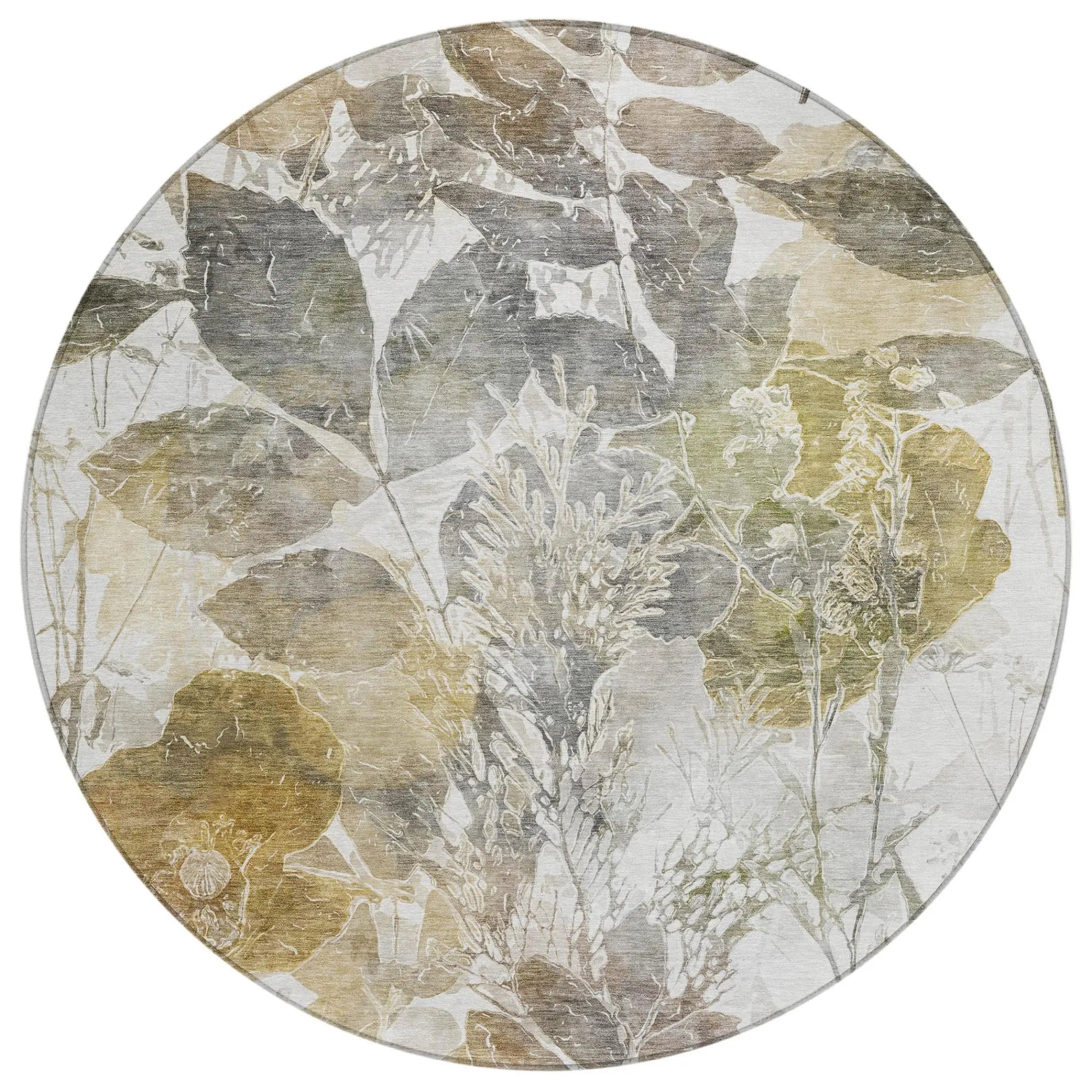 8' Brown And Silver Round Botanical Leaves Washable Indoor Outdoor Area Rug Homeroots Outdoor