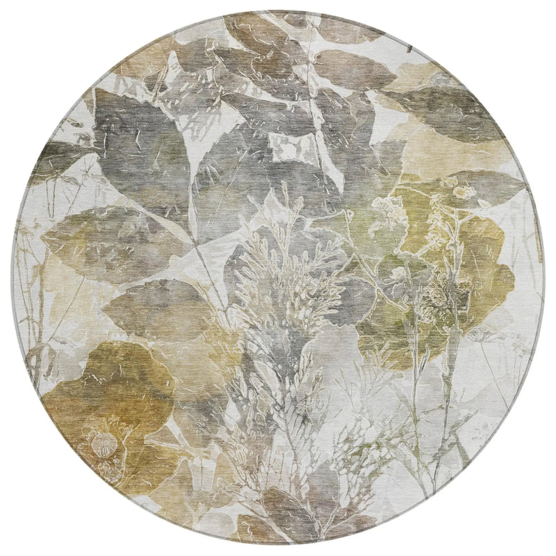 8' Brown And Silver Round Botanical Leaves Washable Indoor Outdoor Area Rug Homeroots Outdoor