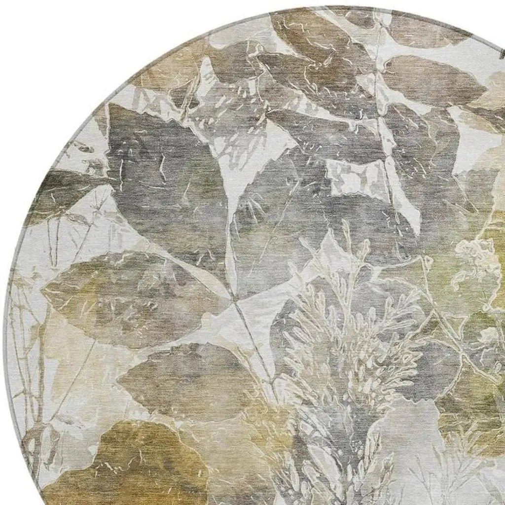 8' Brown And Silver Round Botanical Leaves Washable Indoor Outdoor Area Rug Homeroots Outdoor
