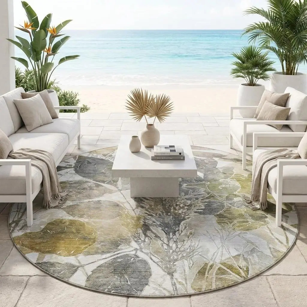 8' Brown And Silver Round Botanical Leaves Washable Indoor Outdoor Area Rug Homeroots Outdoor