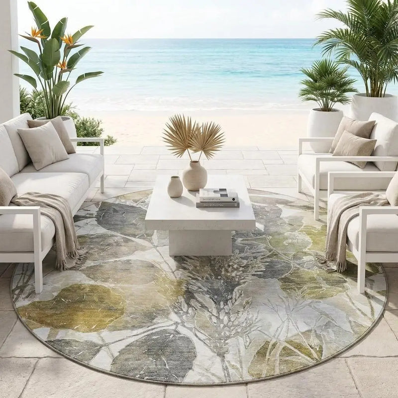 8' Brown And Silver Round Botanical Leaves Washable Indoor Outdoor Area Rug Homeroots Outdoor