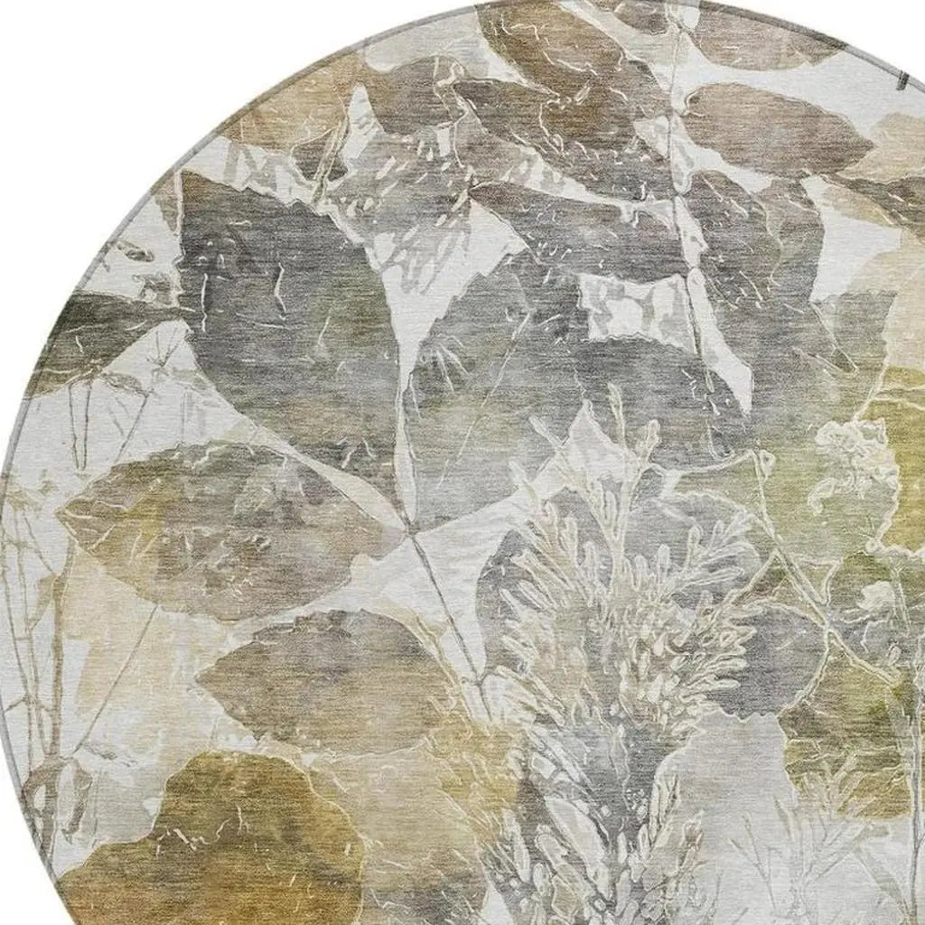 8' Brown And Silver Round Botanical Leaves Washable Indoor Outdoor Area Rug Homeroots Outdoor