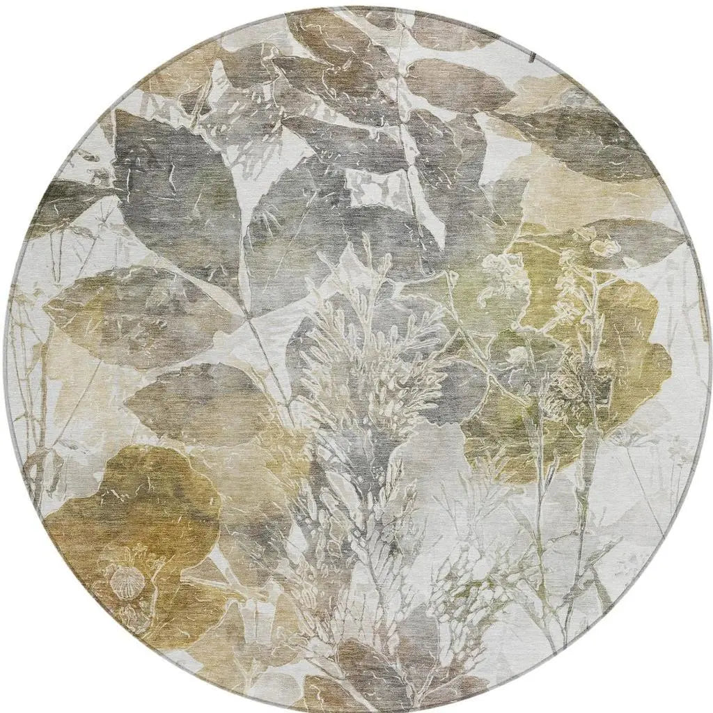8' Brown And Silver Round Botanical Leaves Washable Indoor Outdoor Area Rug Homeroots Outdoor