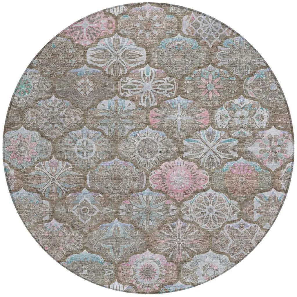 8' Brown And Silver Round Ogee Washable Indoor Outdoor Area Rug Homeroots Outdoor