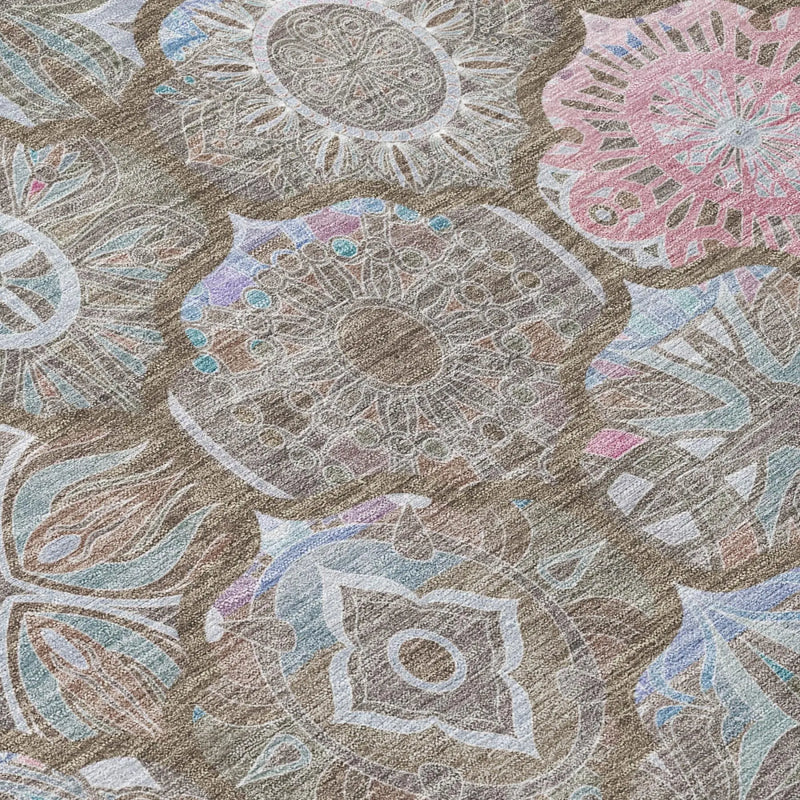 8' Brown And Silver Round Ogee Washable Indoor Outdoor Area Rug Homeroots Outdoor