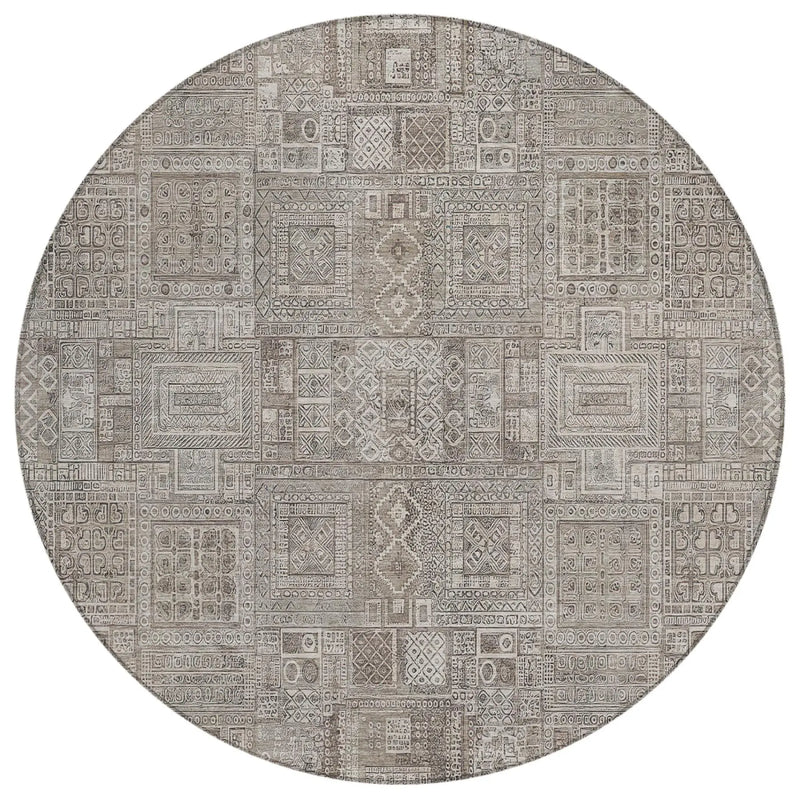 8' Brown And Silver Round Oriental Washable Indoor Outdoor Area Rug Homeroots Outdoor