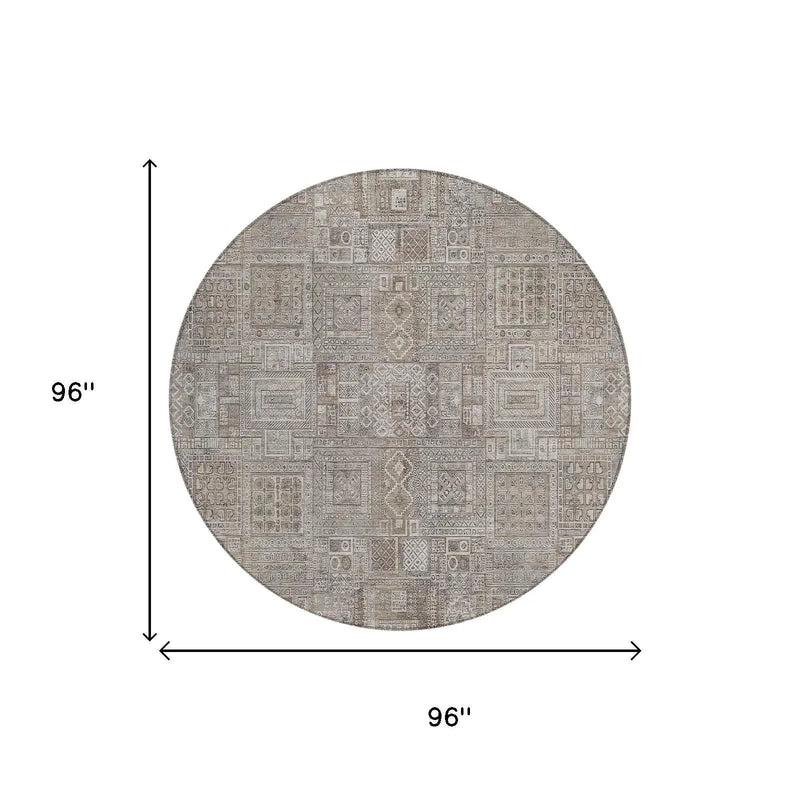 8' Brown And Silver Round Oriental Washable Indoor Outdoor Area Rug Homeroots Outdoor