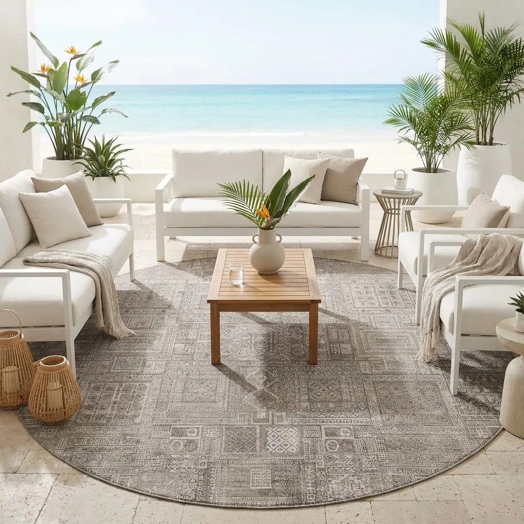 8' Brown And Silver Round Oriental Washable Indoor Outdoor Area Rug Homeroots Outdoor