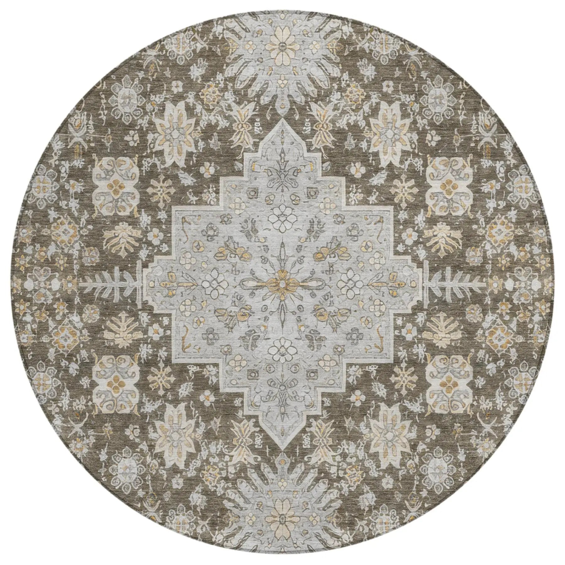 8' Brown And Silver Round Oriental Washable Indoor Outdoor Area Rug Homeroots Outdoor
