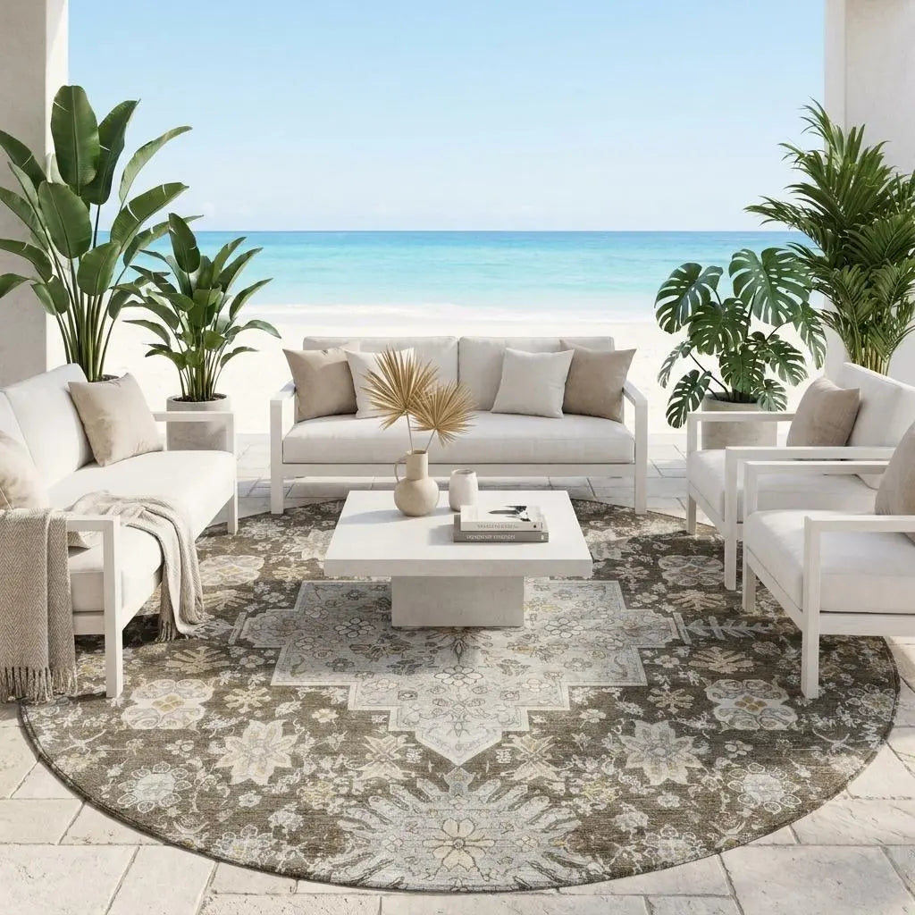 8' Brown And Silver Round Oriental Washable Indoor Outdoor Area Rug Homeroots Outdoor