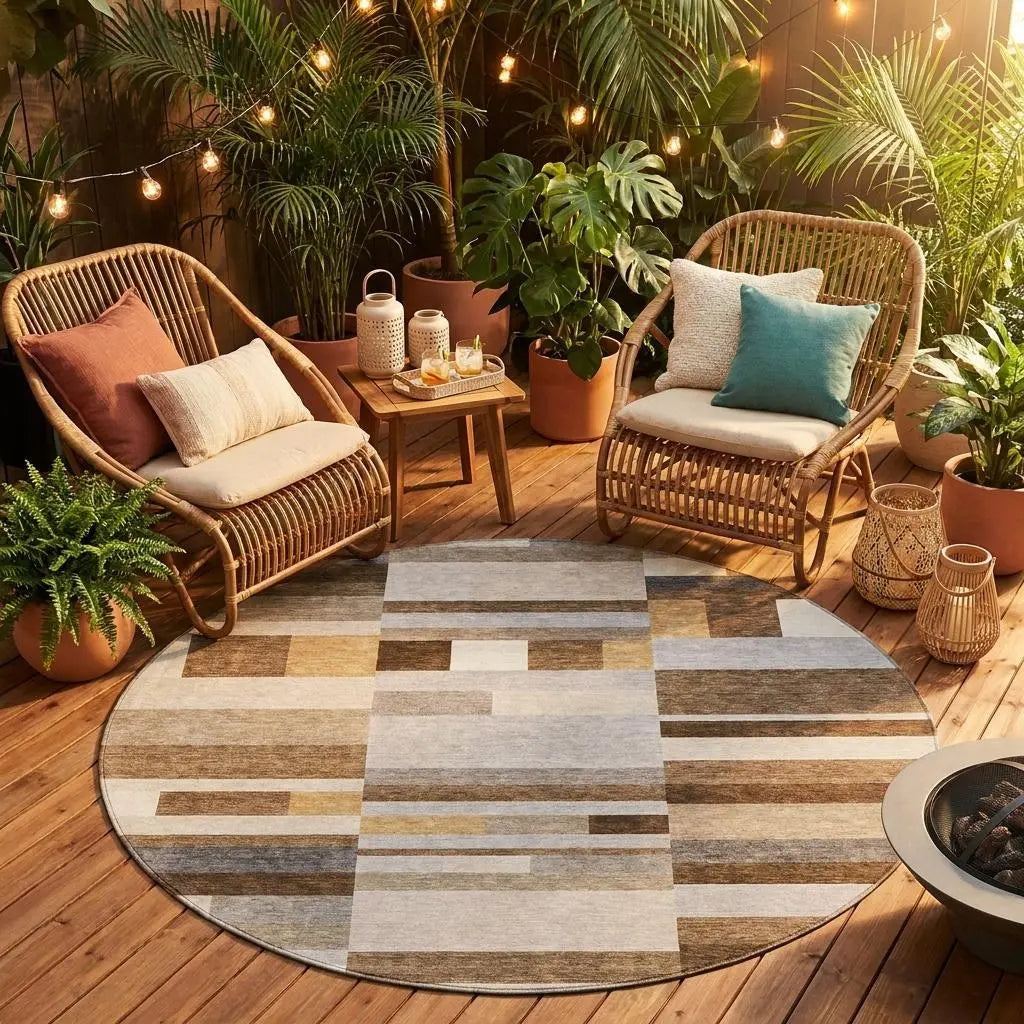 8' Brown And Silver Round Striped Washable Indoor Outdoor Area Rug Homeroots Outdoor