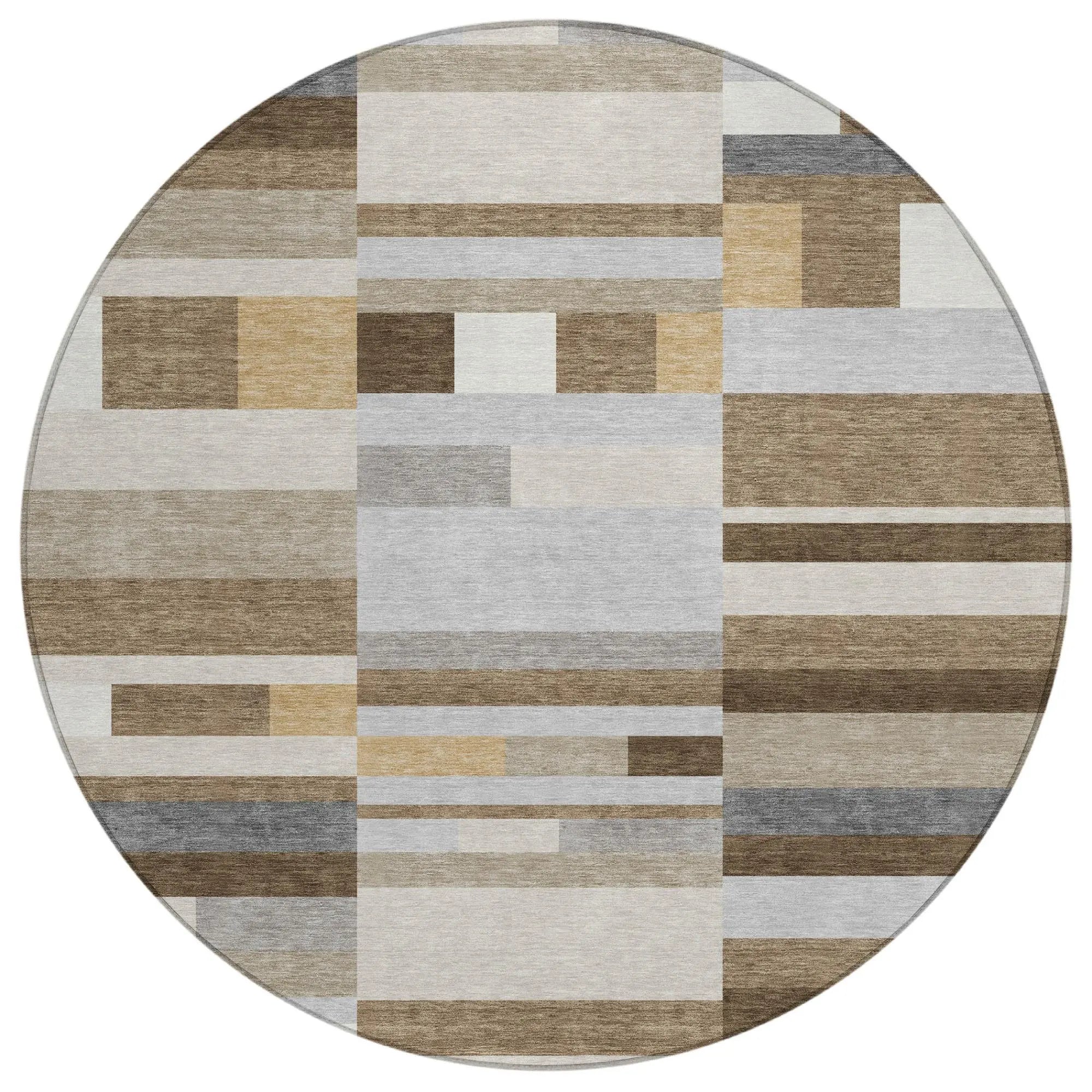 8' Brown And Silver Round Striped Washable Indoor Outdoor Area Rug Homeroots Outdoor