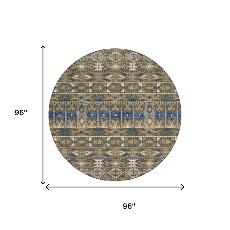 8' Brown And Taupe Round Geometric Washable Indoor Outdoor Area Rug Homeroots Outdoor