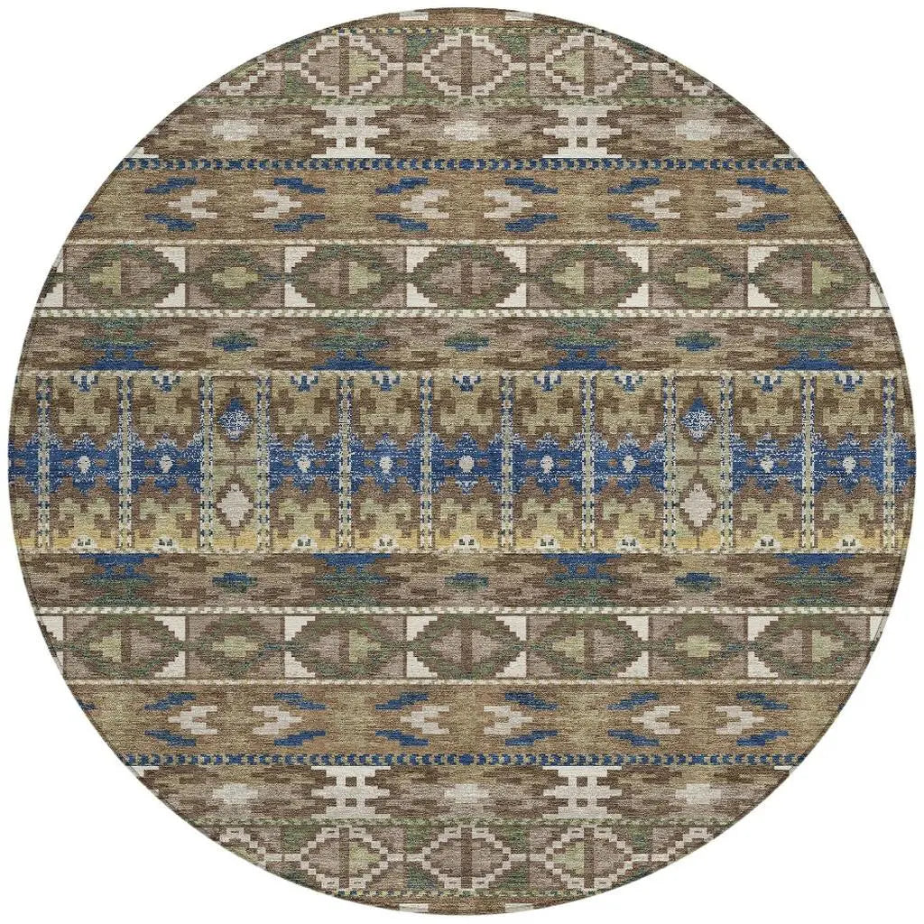 8' Brown And Taupe Round Geometric Washable Indoor Outdoor Area Rug Homeroots Outdoor