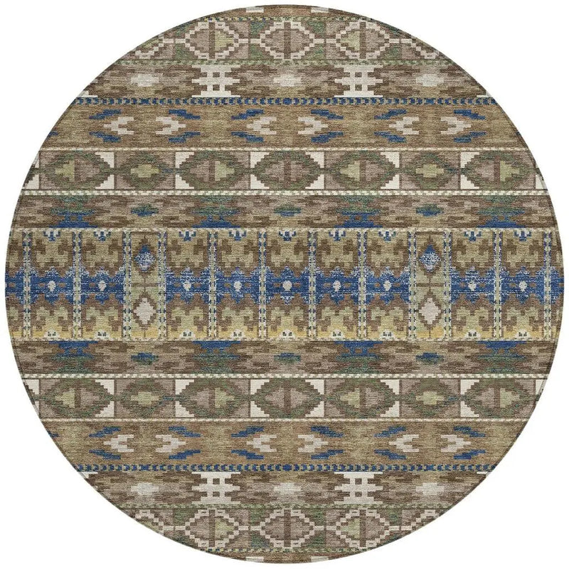 8' Brown And Taupe Round Geometric Washable Indoor Outdoor Area Rug Homeroots Outdoor