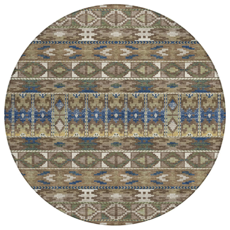 8' Brown And Taupe Round Geometric Washable Indoor Outdoor Area Rug Homeroots Outdoor