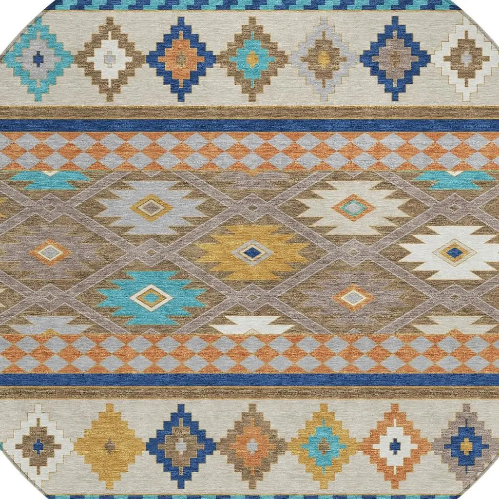 8' Brown And Taupe Round Southwestern Washable Indoor Outdoor Area Rug Homeroots Outdoor