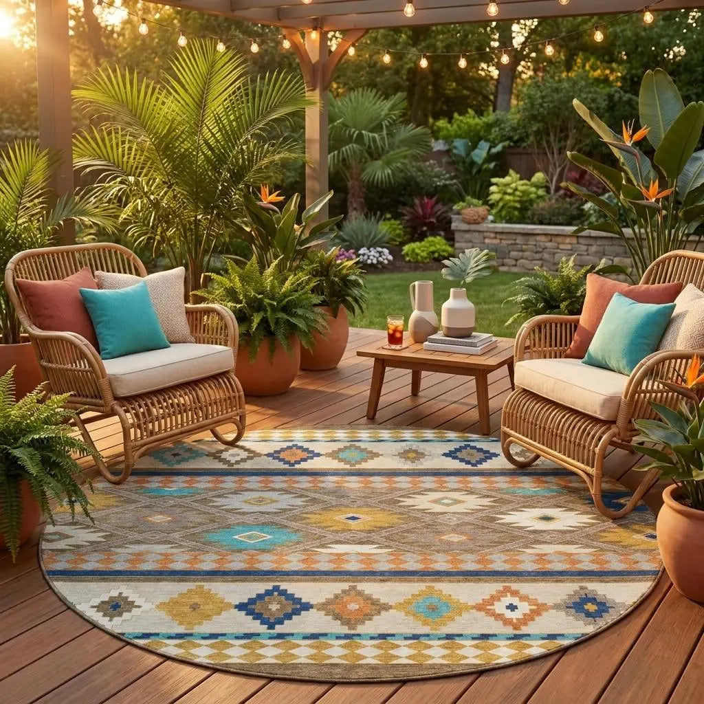 8' Brown And Taupe Round Southwestern Washable Indoor Outdoor Area Rug Homeroots Outdoor