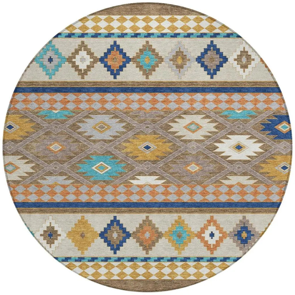 8' Brown And Taupe Round Southwestern Washable Indoor Outdoor Area Rug Homeroots Outdoor
