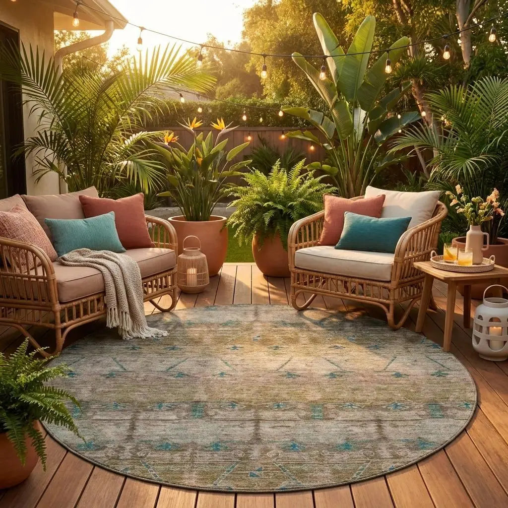 8' Brown And Taupe Round Tribal Washable Indoor Outdoor Area Rug Homeroots Outdoor