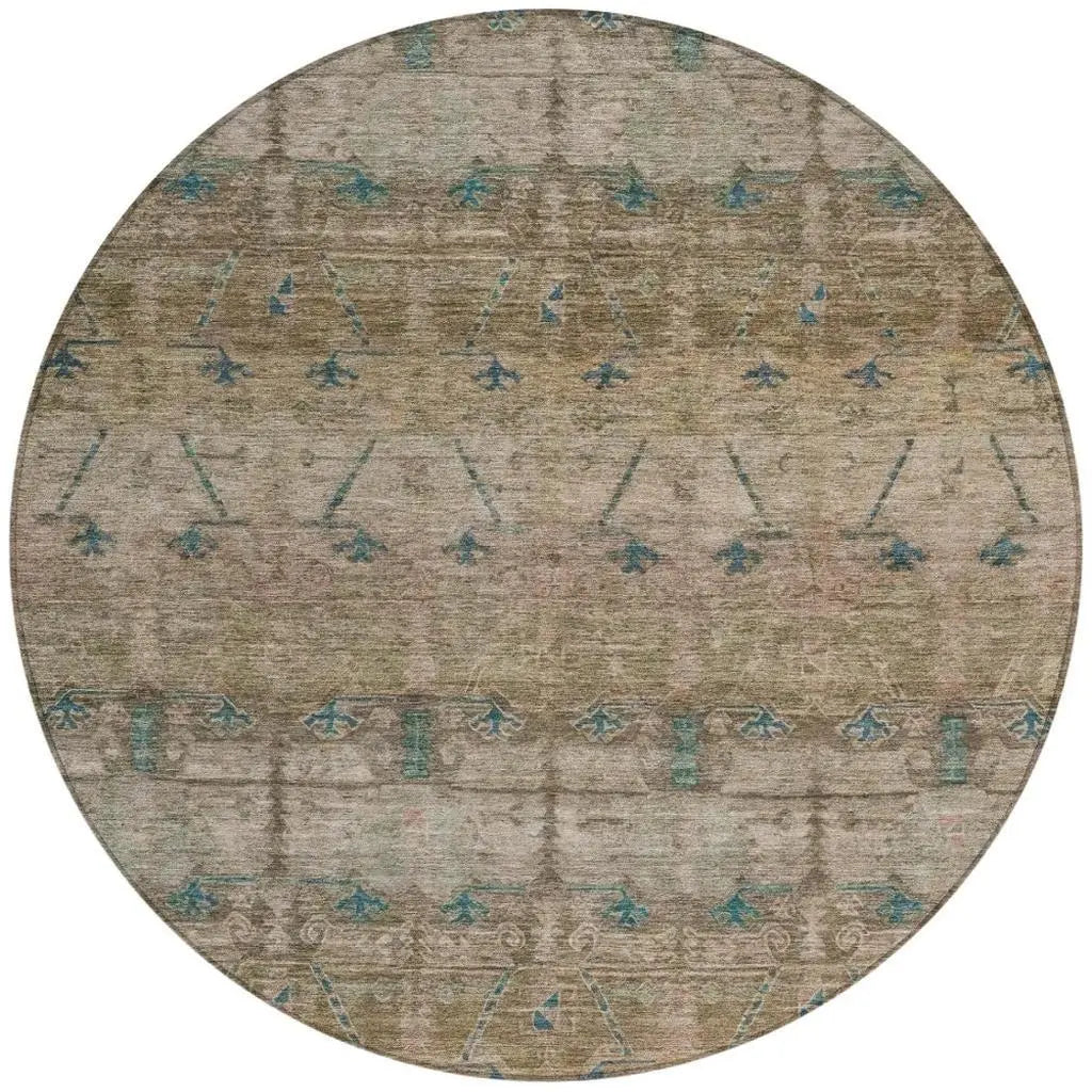 8' Brown And Taupe Round Tribal Washable Indoor Outdoor Area Rug Homeroots Outdoor