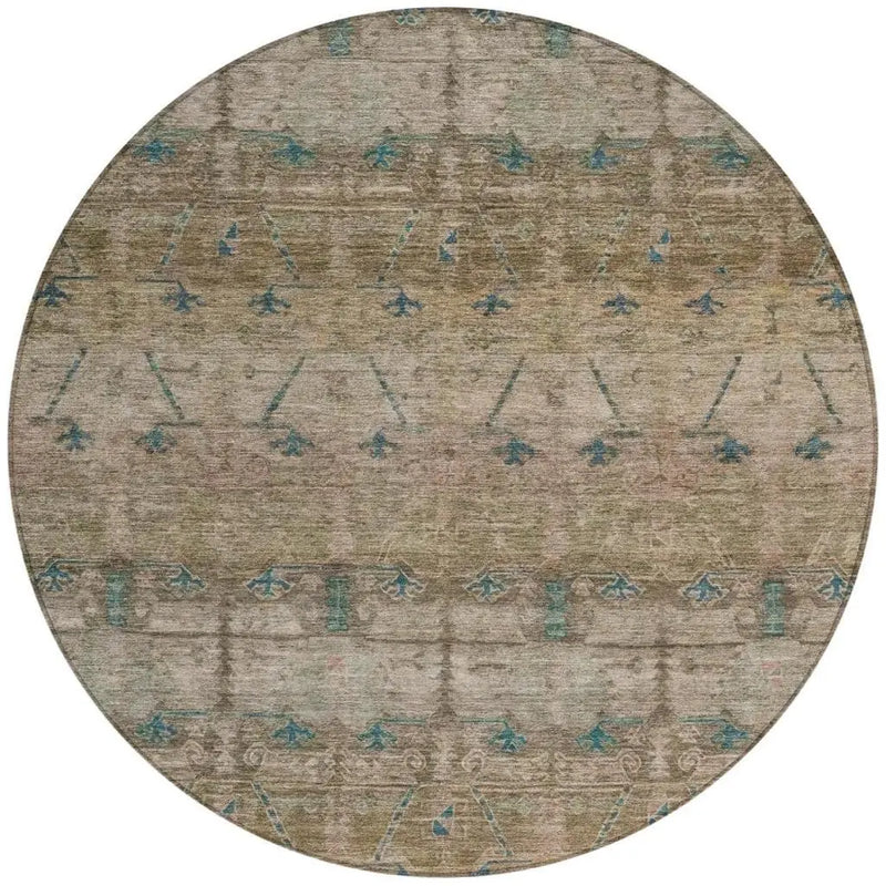 8' Brown And Taupe Round Tribal Washable Indoor Outdoor Area Rug Homeroots Outdoor