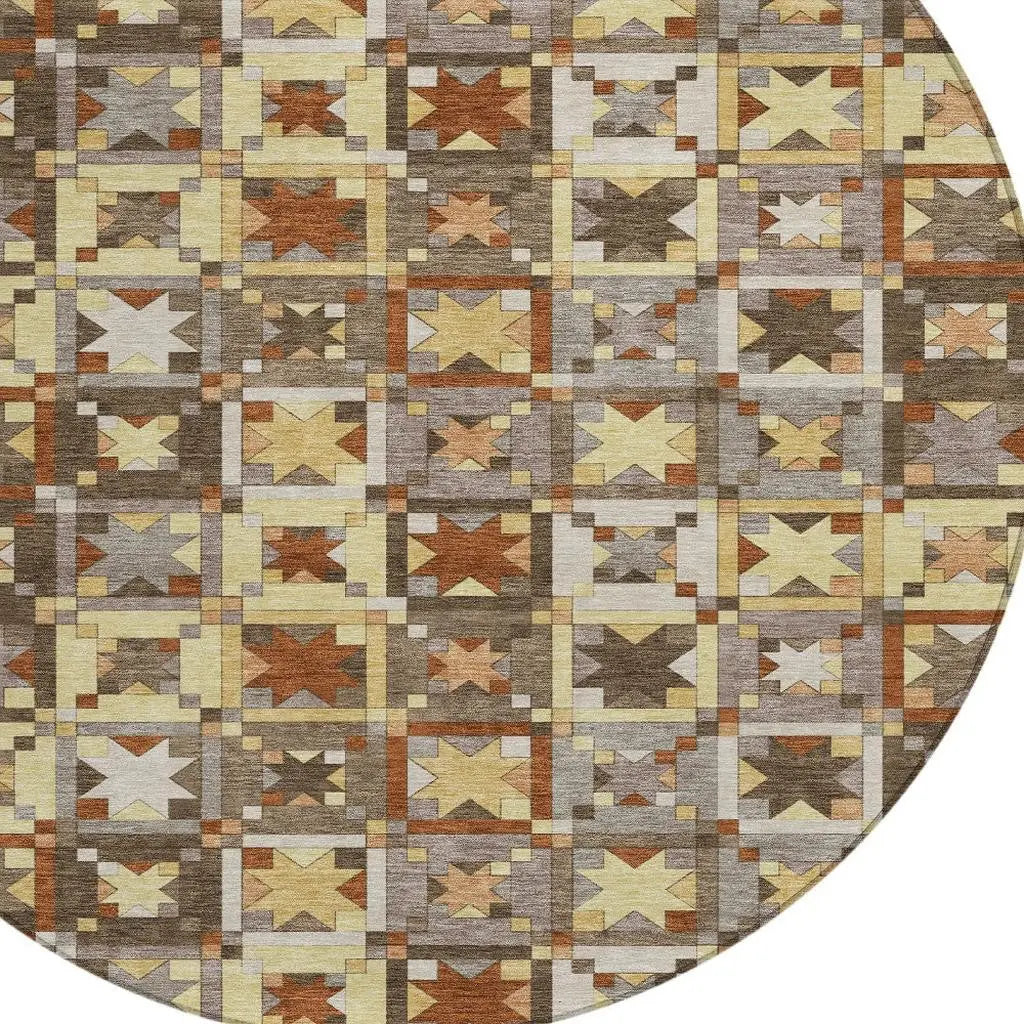 8' Brown And Wheat Round Patchwork Washable Indoor Outdoor Area Rug Homeroots Outdoor