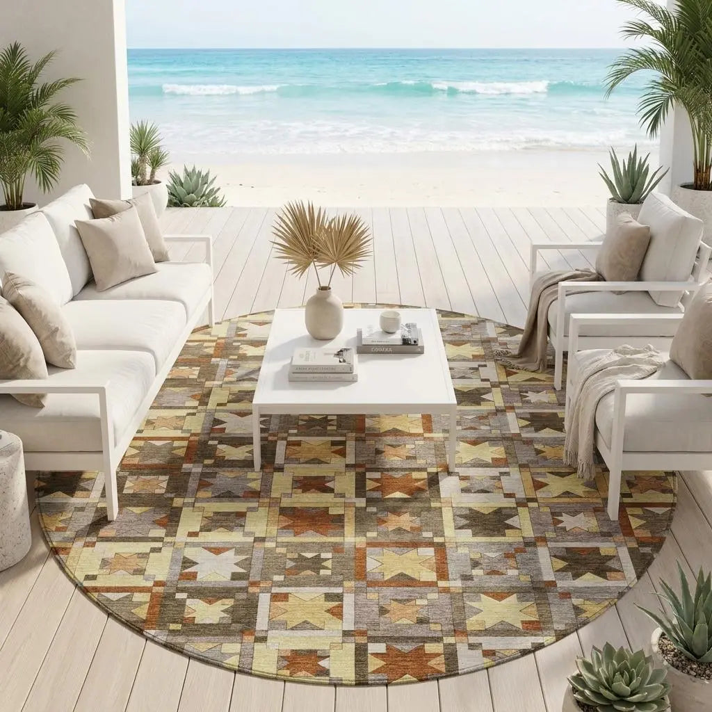 8' Brown And Wheat Round Patchwork Washable Indoor Outdoor Area Rug Homeroots Outdoor