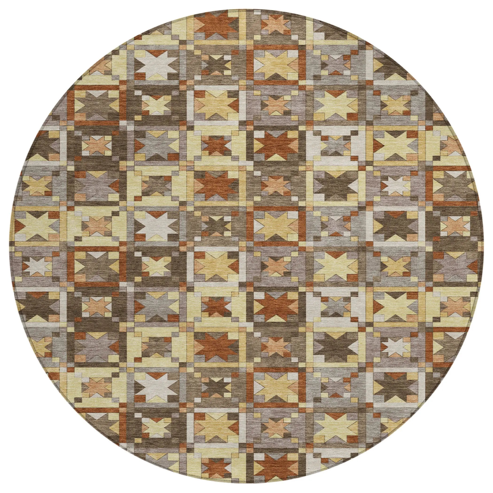 8' Brown And Wheat Round Patchwork Washable Indoor Outdoor Area Rug Homeroots Outdoor