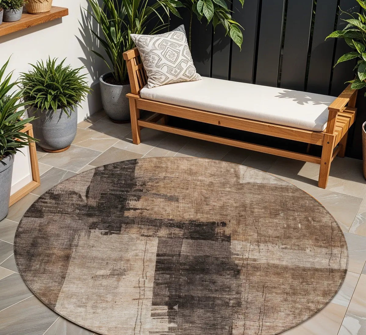 8' Brown Black And Tan Round Abstract Washable Indoor Outdoor Area Rug Homeroots Outdoor