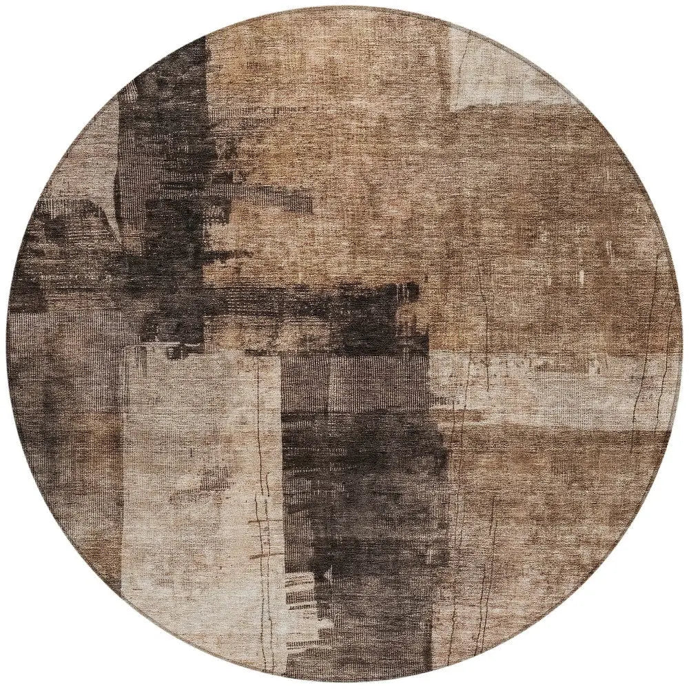 8' Brown Black And Tan Round Abstract Washable Indoor Outdoor Area Rug Homeroots Outdoor