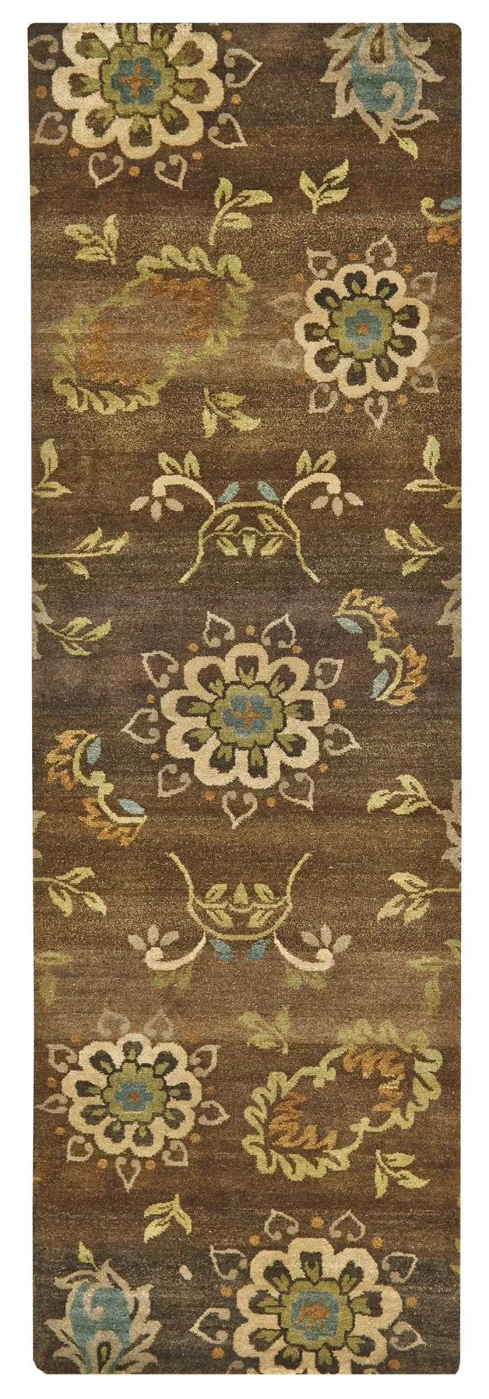 8' Brown Tan And Green Wool Floral Hand Knotted Area Rug Homeroots Home Decor