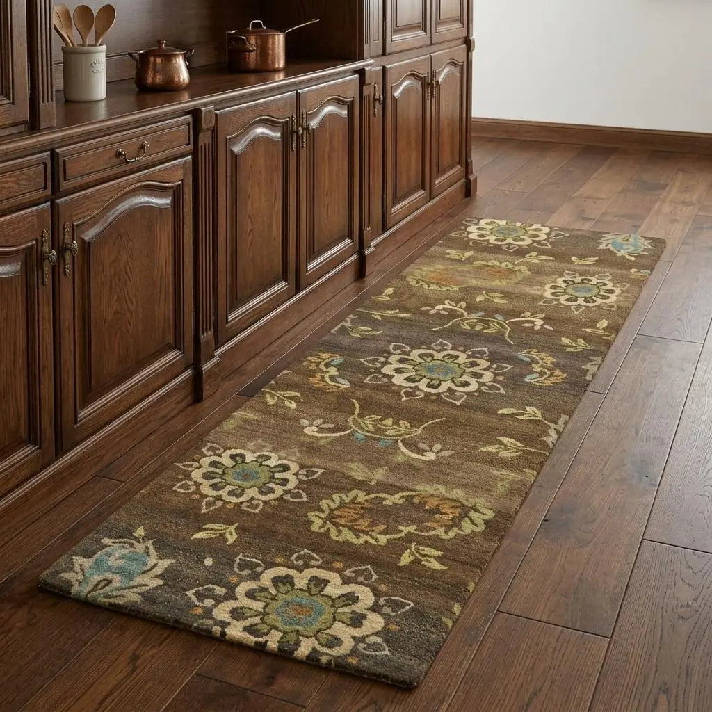 8' Brown Tan And Green Wool Floral Hand Knotted Area Rug Homeroots Home Decor