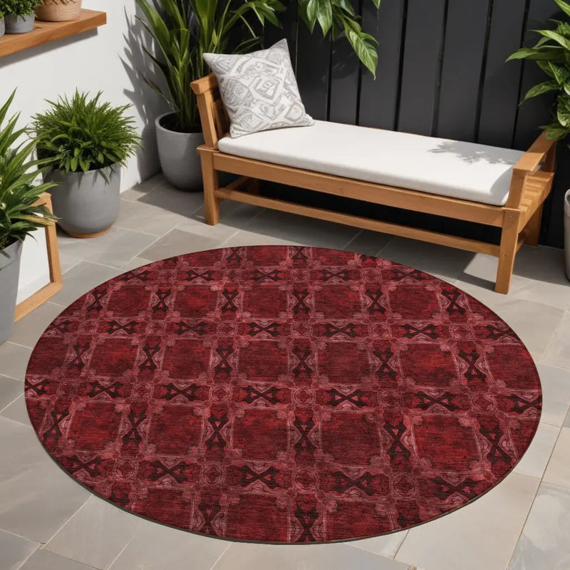 8' Burgundy And Black Round Floral Medallion Washable Indoor Outdoor Area Rug - GreatEagleInc