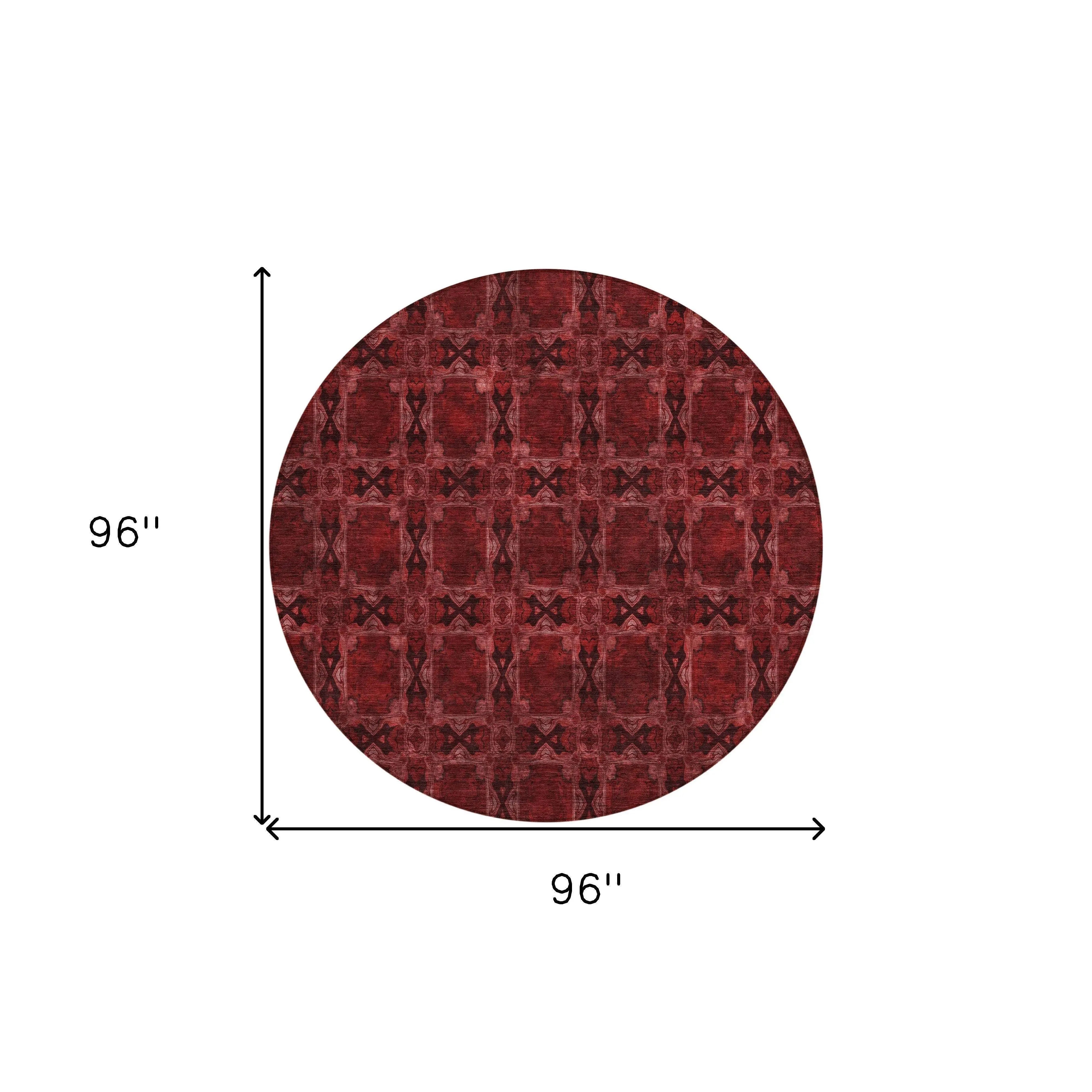 8' Burgundy And Black Round Floral Medallion Washable Indoor Outdoor Area Rug - GreatEagleInc