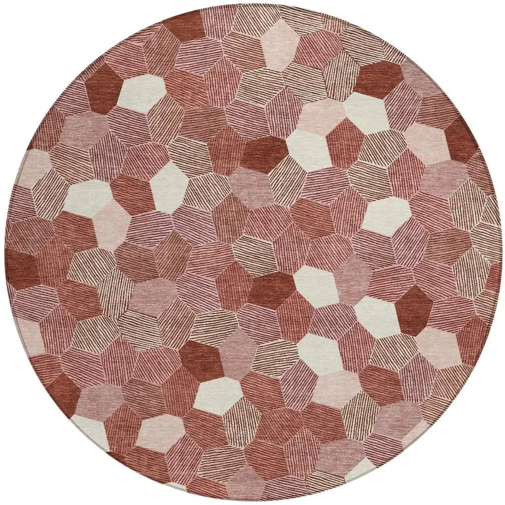 8' Burgundy And Ivory Round Geometric Washable Indoor Outdoor Area Rug Homeroots Outdoor