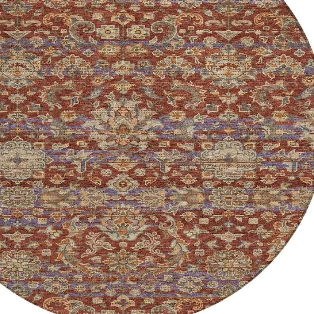 8' Burgundy And Orange Round Floral Medallion Washable Indoor Outdoor Area Rug Homeroots Outdoor