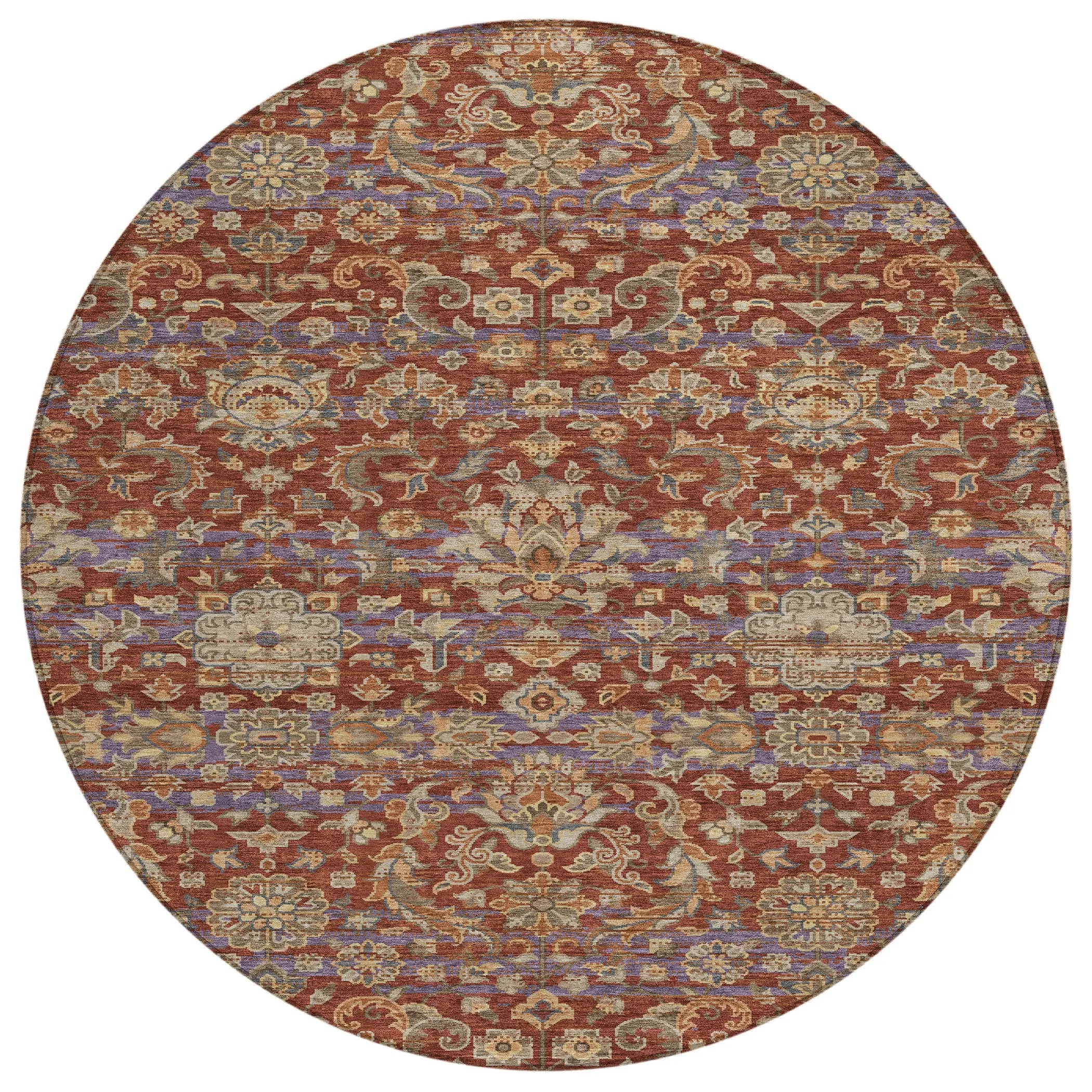 8' Burgundy And Orange Round Floral Medallion Washable Indoor Outdoor Area Rug Homeroots Outdoor