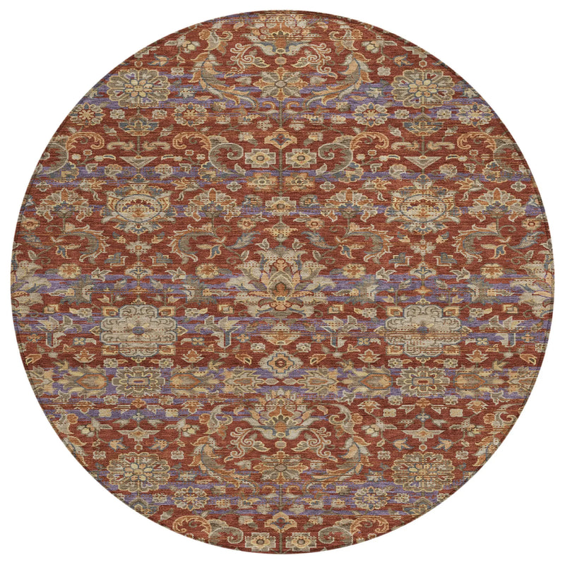 8' Burgundy And Orange Round Floral Medallion Washable Indoor Outdoor Area Rug Homeroots Outdoor