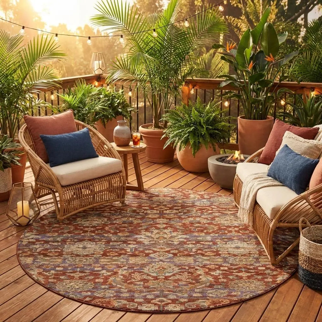 8' Burgundy And Orange Round Floral Medallion Washable Indoor Outdoor Area Rug Homeroots Outdoor