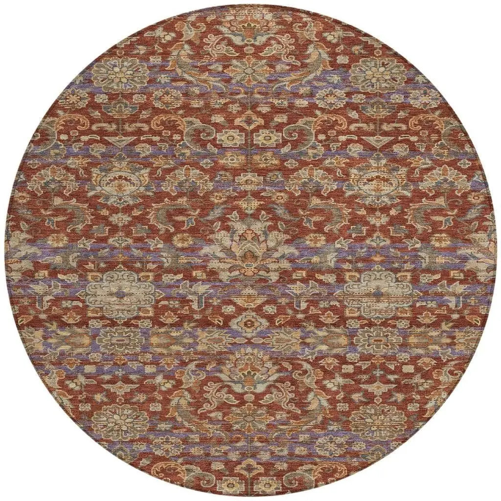 8' Burgundy And Orange Round Floral Medallion Washable Indoor Outdoor Area Rug Homeroots Outdoor